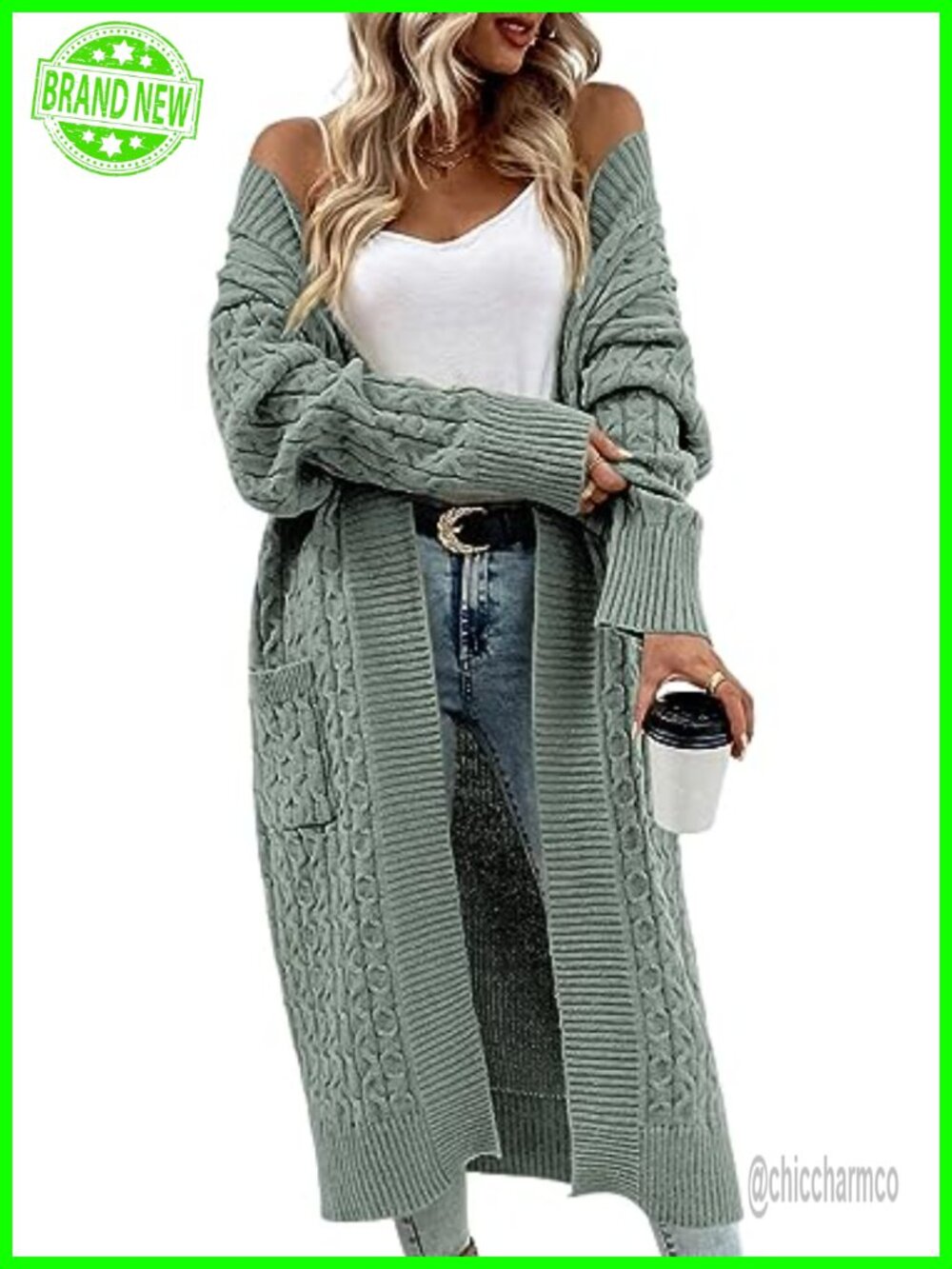 Womens Long Cable Knit Cardigan Open Front Sweater with Pockets